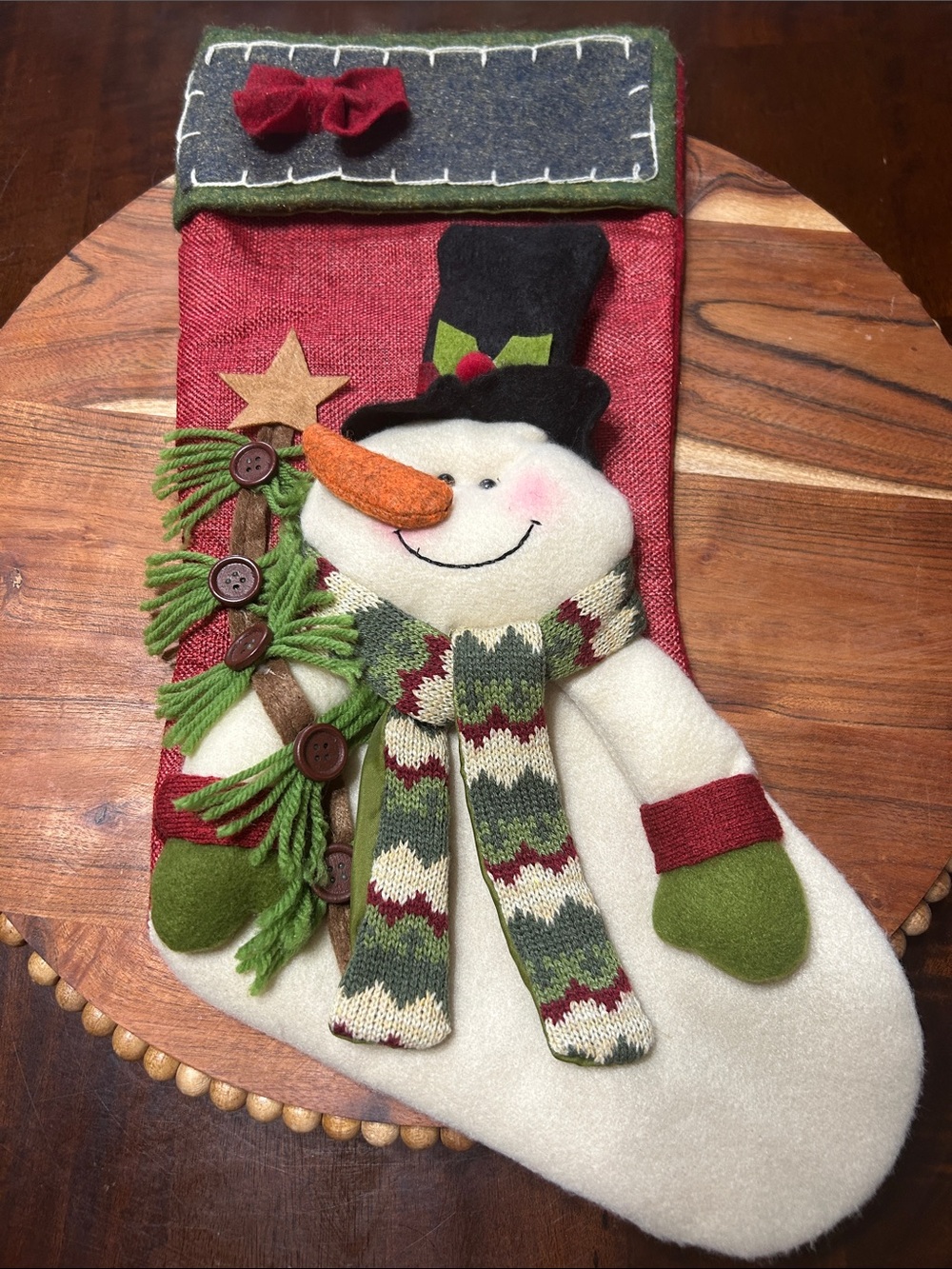 Whimsical 3D Burlap & Felt Snowman Wearing a Scarf Hangable Christmas Stocking